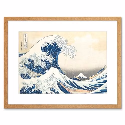 Wee Blue Coo Hokusai Great Wave off Kanagawa Framed Wall Art Print in Blue and Light Oak – 1