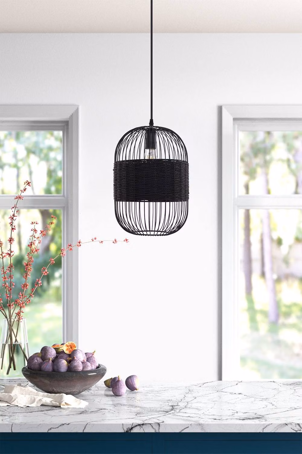 Living and Home Industrial Black Rattan and Metal Adjustable Suspended Pendant Light for Kitchen and Dining Rooms – 2