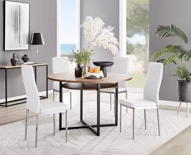 FurnitureboxUK Adley Brown Wood Storage Dining Table and 4 Milan Chrome Leg Chairs in Off-White – 1