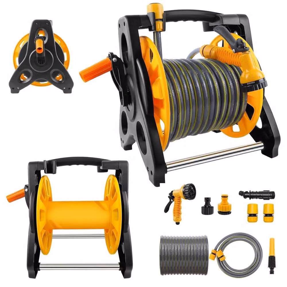 FLAVORA Black Freestanding Hose Reel Cart with 15m Garden Water Hose – 2