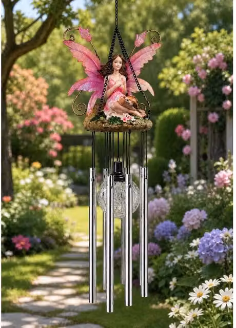 Spot On Dealz Solar Powered Fairy Wind Chime Pink and Blue Ceramic Garden Light Decoration – 3