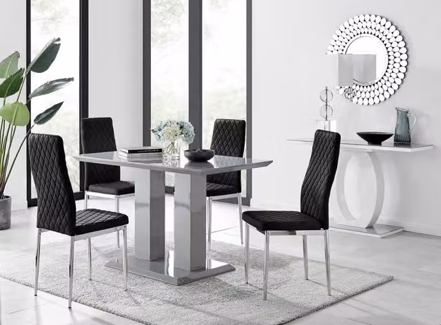 FurnitureboxUK Imperia Grey High Gloss 4 Seater Dining Table with 4 Black Soft Velvet Milan Chairs with Silver Legs