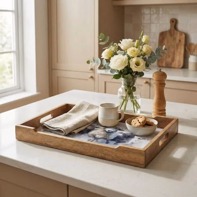 Madison & Mayfair Rectangular Wooden Sheep Motif Tray with Handles in Brown and White