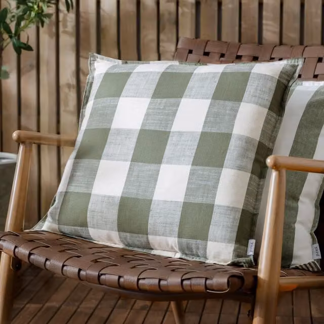 Yard Chesil Check Cotton Outdoor Filled Cushion, Moss Green, W/D/H: 50 x 50 x 50 cm