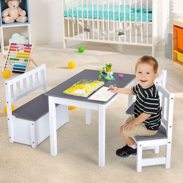 Costway 2-in-1 Toddler Table and Storage Bench Set in Grey