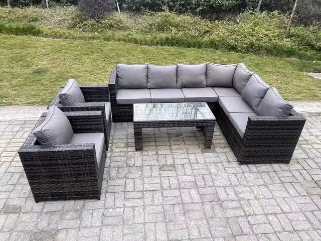 Fimous 8 Seater Rattan Corner Sofa Set with Rectangular Coffee Table and 2 Armchairs in Dark Grey