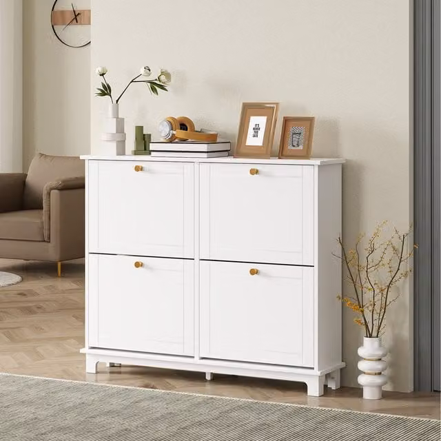 HOMCOM Modern Narrow Shoe Storage Cabinet with 4 Tilting Compartments in White and Gold