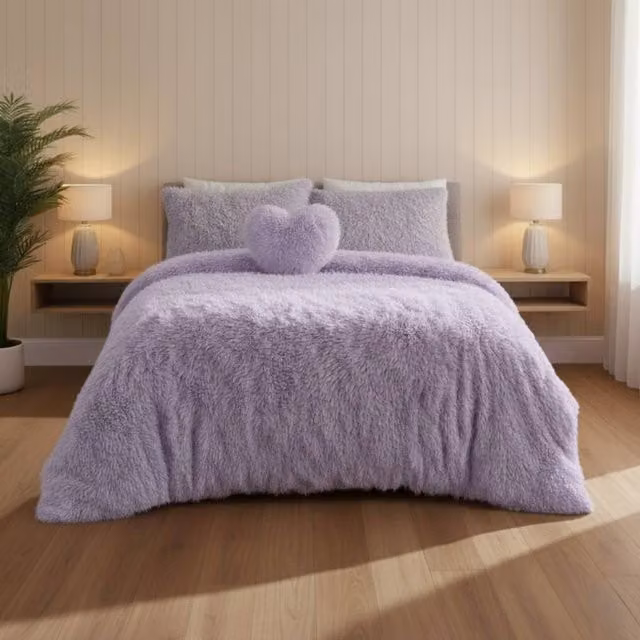 Snug City Super Fluffy Duvet Cover and Pillowcase Set in Purple, Double, W: 140 cm, L: 200 cm