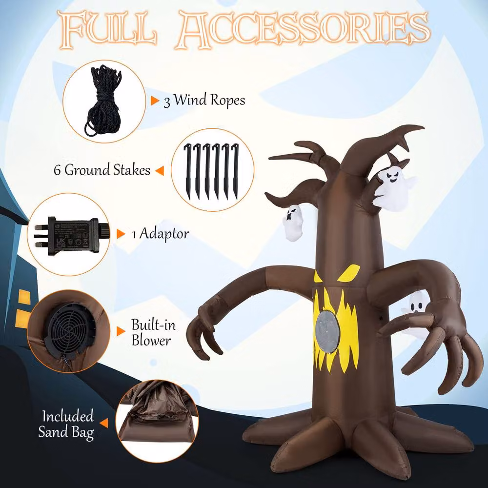 CASART Halloween Inflatable Scary Tree with Ghost, Brown, Height: 237.7 cm – 5