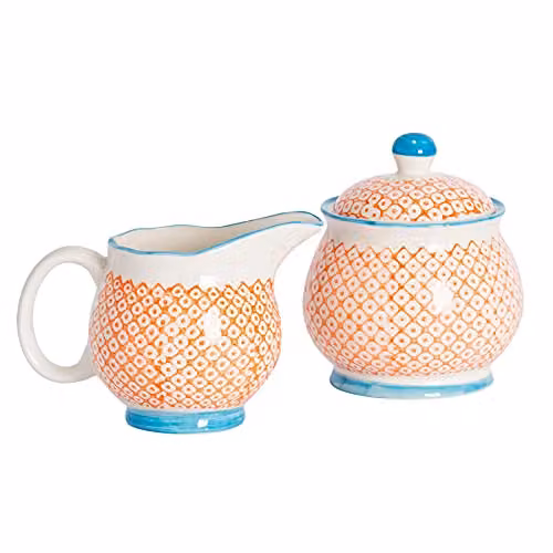 Nicola Spring Hand-Printed Orange Floral Porcelain Milk and Sugar Set, 300ml – 1