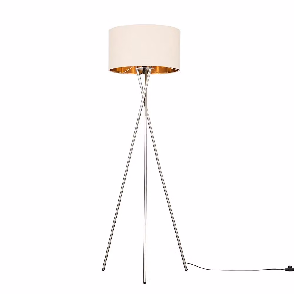 ValueLights Camden Modern Brushed Chrome Metal Tripod Floor Lamp with Beige and Gold Fabric Cylinder Shade – 2