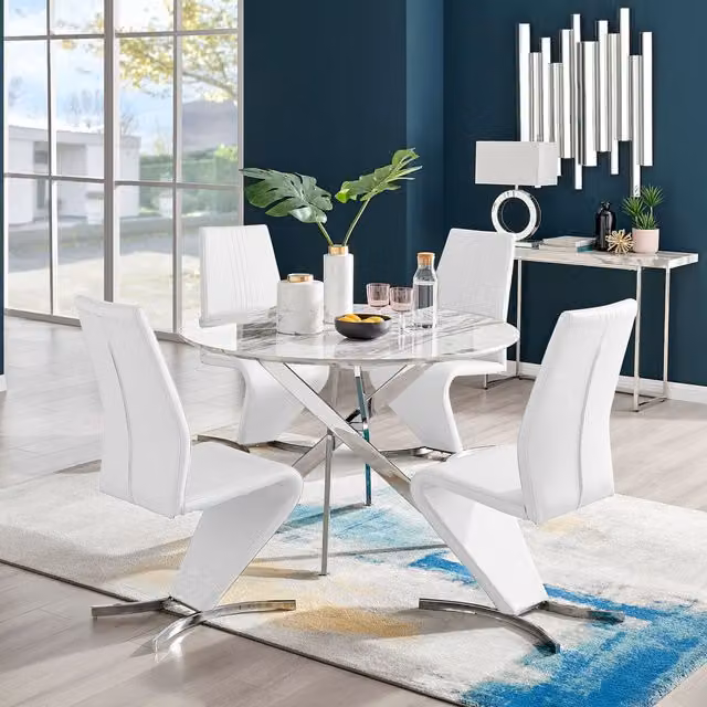 FurnitureboxUK Novara White Marble Effect Round Dining Table and 4 Willow Chairs Set, White and Silver