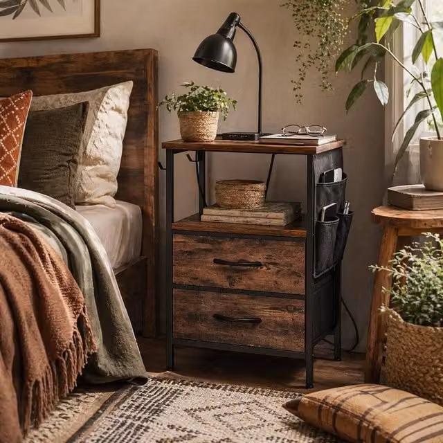 Wyld Haus Yoroma Rustic Brown Bedside Table with Integrated Charging Ports