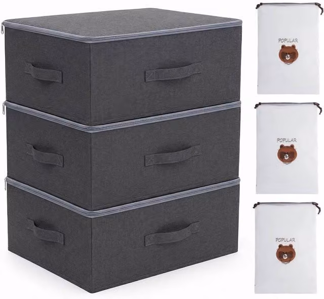 FLAVORA 3 Pack Fabric Storage Boxes with Lids, Foldable and Stackable, Grey, W: 50 cm