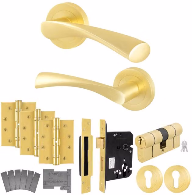 AFIT Novi Gold Satin Brass Fire Door Handle with Euro Lock and Double Cylinder, W: 15.0 cm x H: 15.0 cm