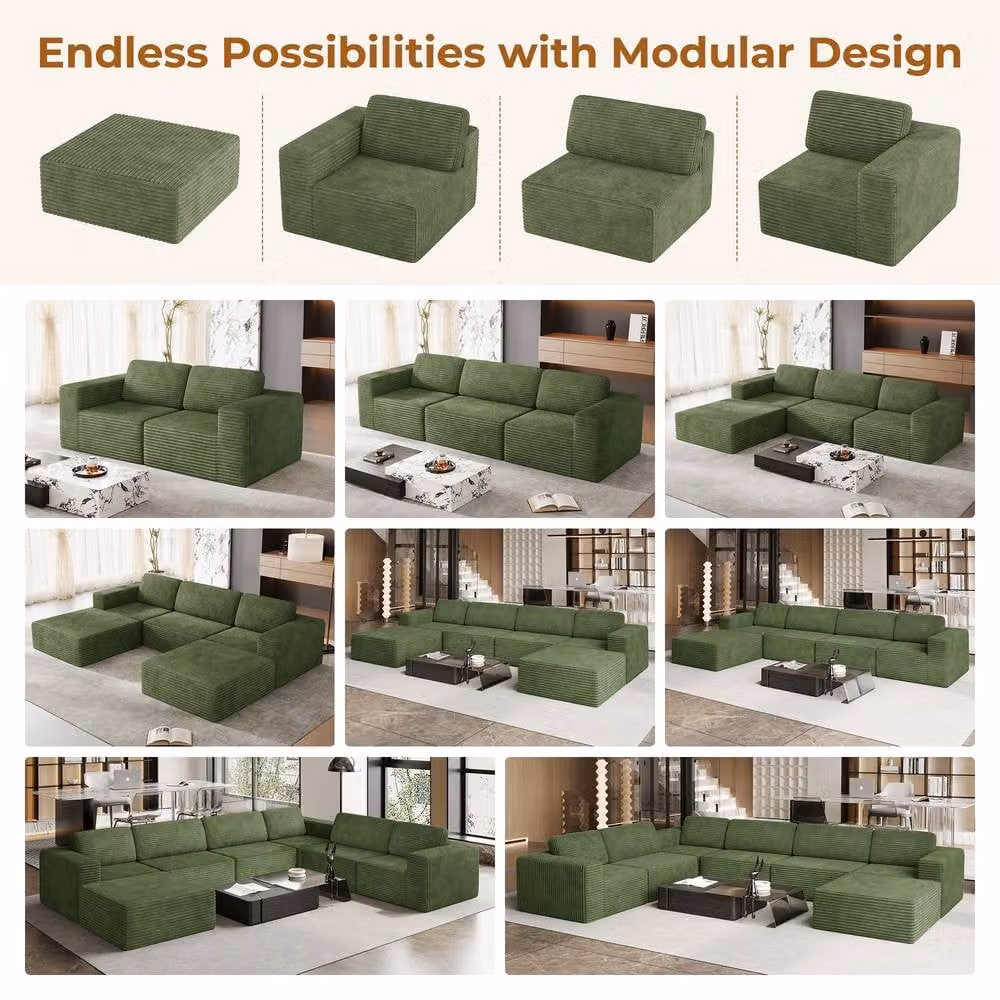 Dprodo Green Corduroy Modular L-Shape Sofa with Matching Ottoman and Removable Covers – 3