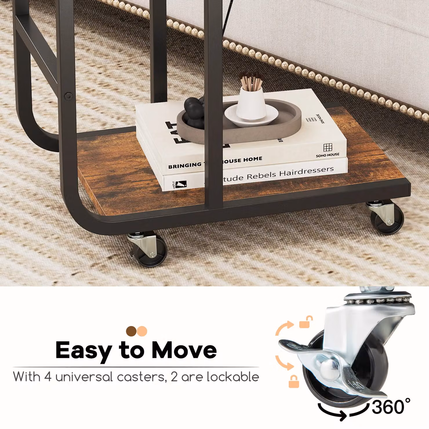 Gymax Set of 2 Industrial C-Shaped Rolling End Tables in Brown – 4