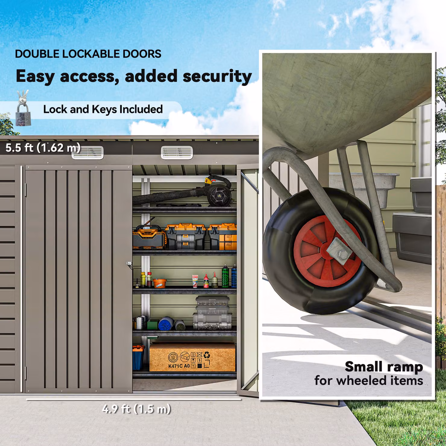Outsunny Galvanised Steel Pent Shed with Double Doors and Lock, Light Grey – 4