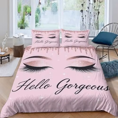 XGASVBKWA Pink 3D Microfibre Glamour Eyes Duvet Cover and Pillowcase Set, W: 260 cm, D: 220 cm – 1