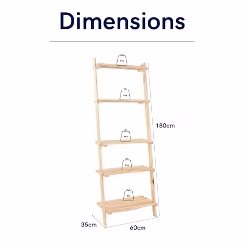 Core Products 5-Tier Paintable Pine Ladder Shelf Unit, Brown, H 180 x W 60 x D 35 cm – 2