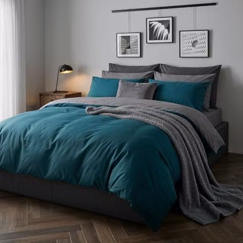 OHS Reversible Plain Microfibre Duvet Cover and Pillowcase Set in Petrol Blue and Grey, Double W/D/H: 200 x 200 cm – 1