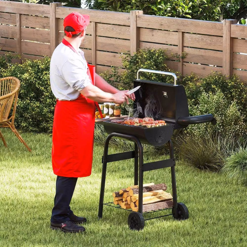 Gymax Portable Charcoal Barrel Grill with Foldable Side Table and Wheels, Black, W/D/H: 110 x 60 x 60 cm – 8