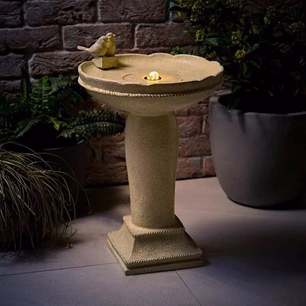 FLAVORA Solar Powered Round Stone Bird Bath Water Fountain in Beige – 2