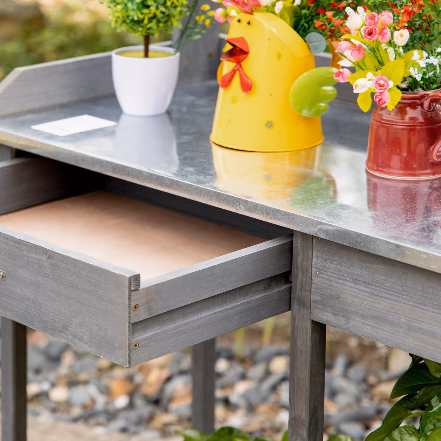 Outsunny Wooden Garden Potting Table with Galvanised Steel Top, Drawer, Storage Shelves and Hooks in Grey – 7