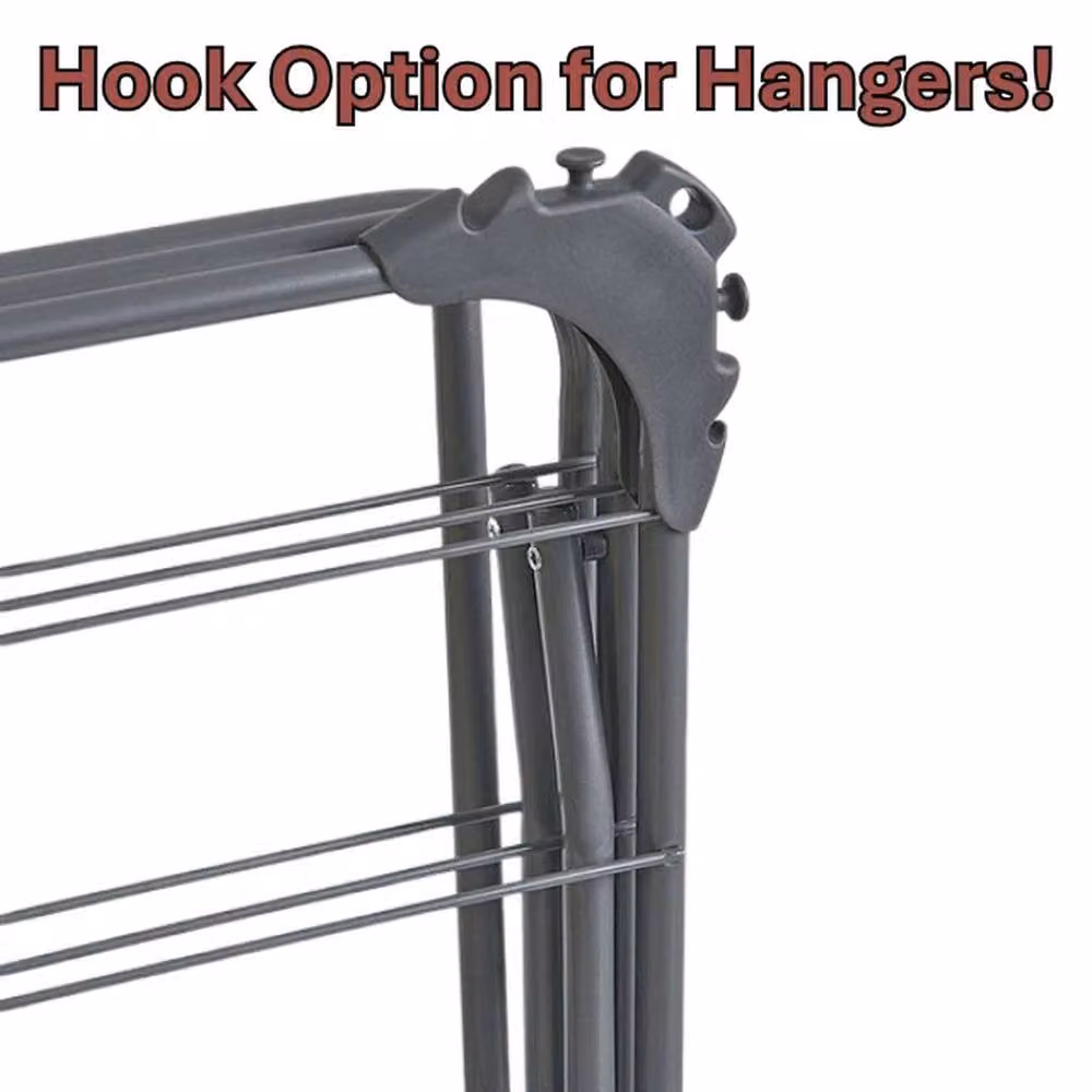 VOGREX 3-Tier Foldable Clothes Airer with Hooks, 15m Laundry Drying Rack, Black – 2