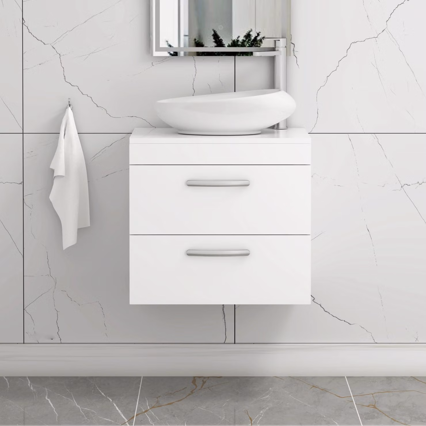 Nova Turin 600mm Wall Hung Gloss White Vanity Unit with 2 Drawers and Countertop Basin by Royal Bathrooms