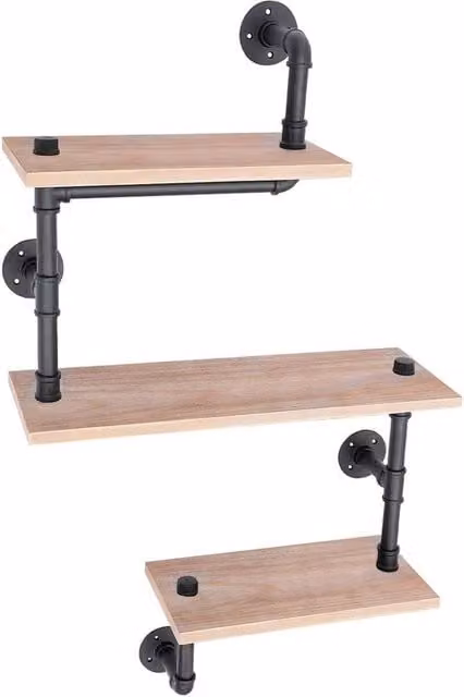 Ventryn 3 Tier Industrial Floating Wall Storage Shelf in Brown Metal and Wood – 1