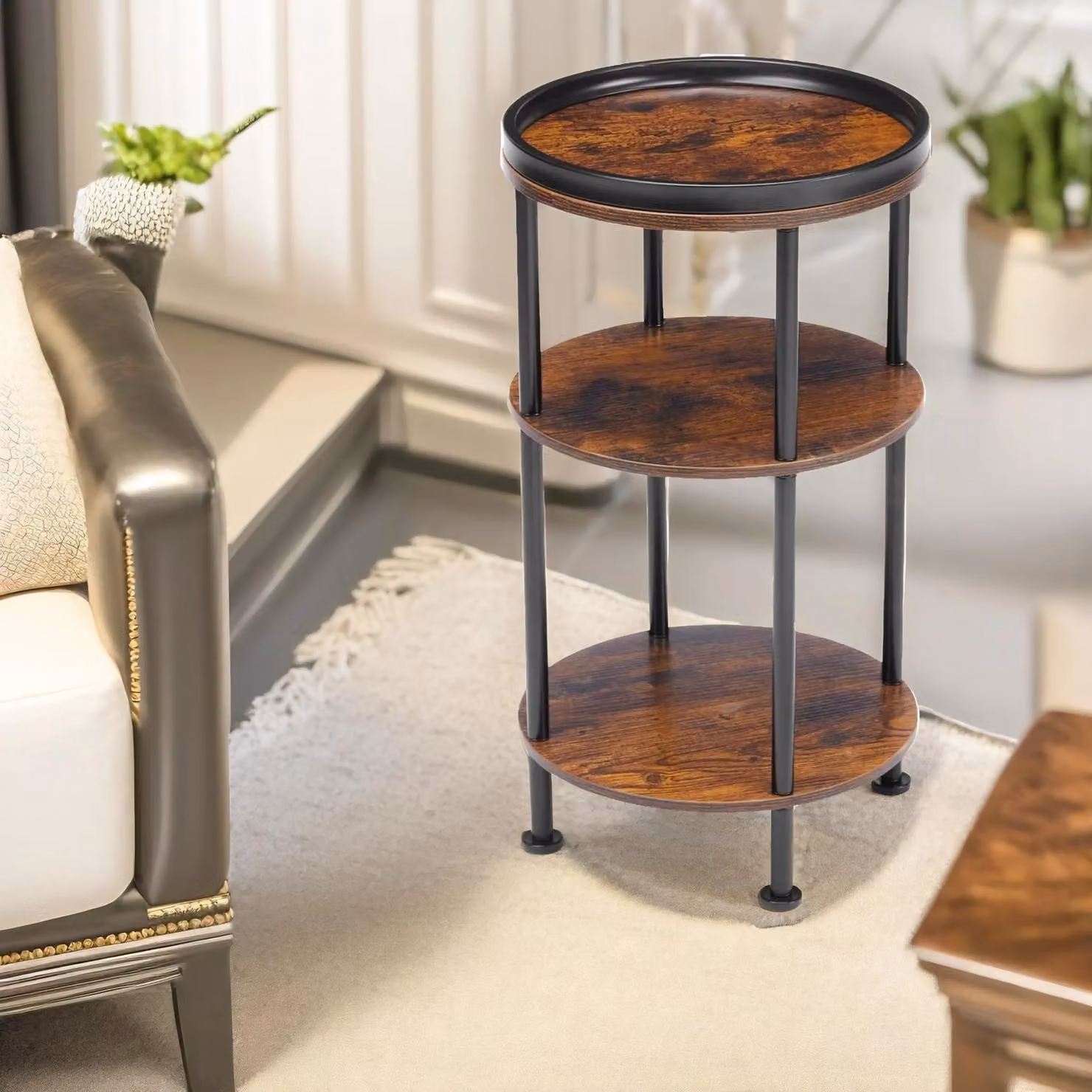 Pirlo Plush 3 Tier Round Industrial Coffee Table in Brown and Black – 2