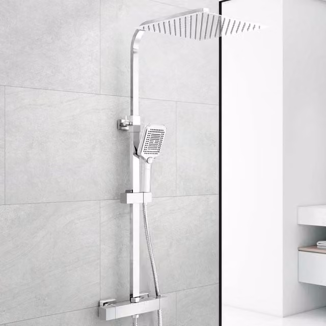 Hinsinc Thermostatic Twin Head Square Chrome Rain Shower Set in Silver, W: 180 cm, H: 180 cm