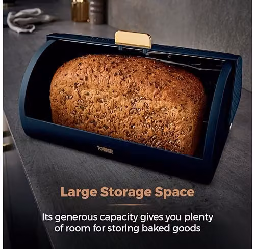Tower Empire Roll Top Stainless Steel Bread Bin, Blue, W: 39.0 cm, D: 19.0 cm, H: 27.51 cm – 3
