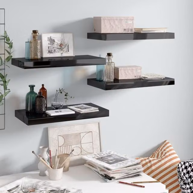 Berkfield Home Set of 4 Floating Wall Shelves in High Gloss Black MDF, W: 50 cm, D: 23 cm, H: 4 cm