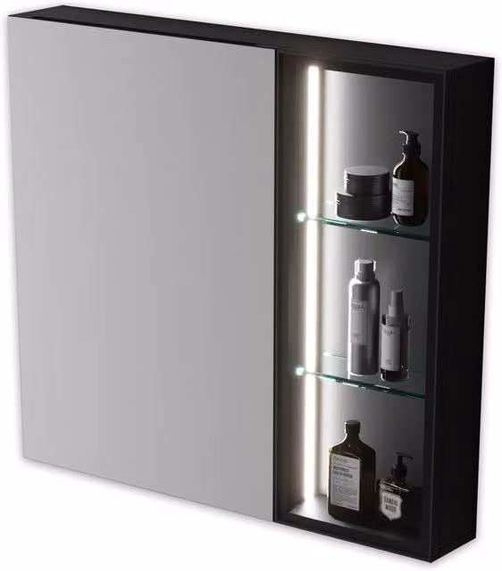 EnerJ Smart Black Rectangular LED Mirror Cabinet with Sensor Switch, W: 75 cm, H: 68 cm