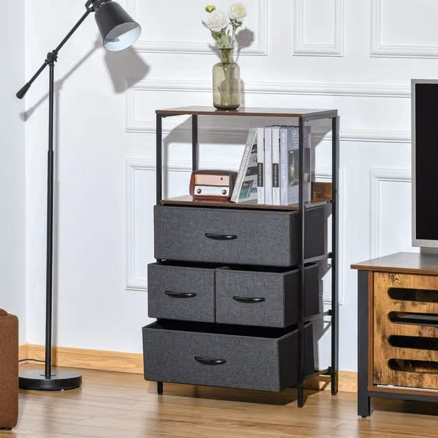 HOMCOM Modern 4 Drawer Storage Chest Unit with Shelves in Black and Grey