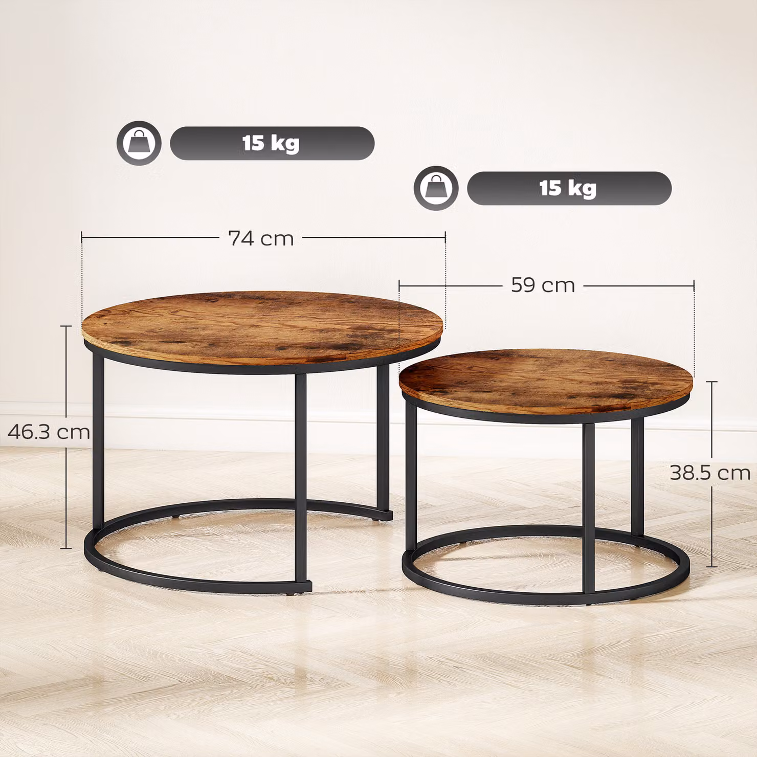 HOMCOM Set of 2 Round Nest of Tables with Metal Frame in Rustic Brown – 3