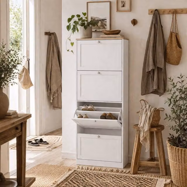 Wyld Haus Fiyofa Slim White 4 Drawer Shoe Cabinet W: 60 cm, D: 23.5 cm, H: 151 cm – 1