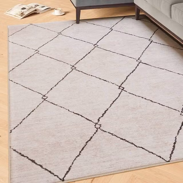 Kukoon Beige Geometric Scandinavian Machine Woven Washable Rug, W: 80 cm, L: 300 cm