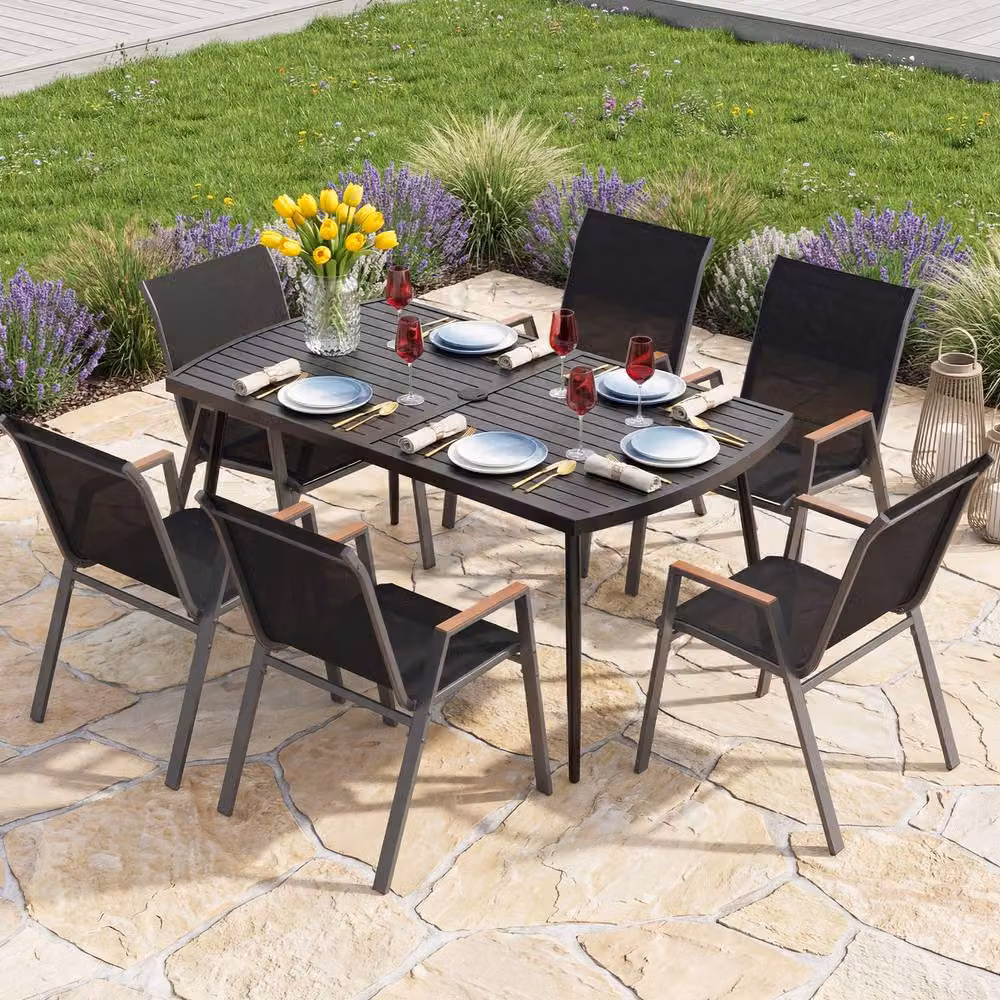 Gymax Black Rectangular Outdoor Bistro Dining Table with Umbrella Hole and Extendable Feature – 6