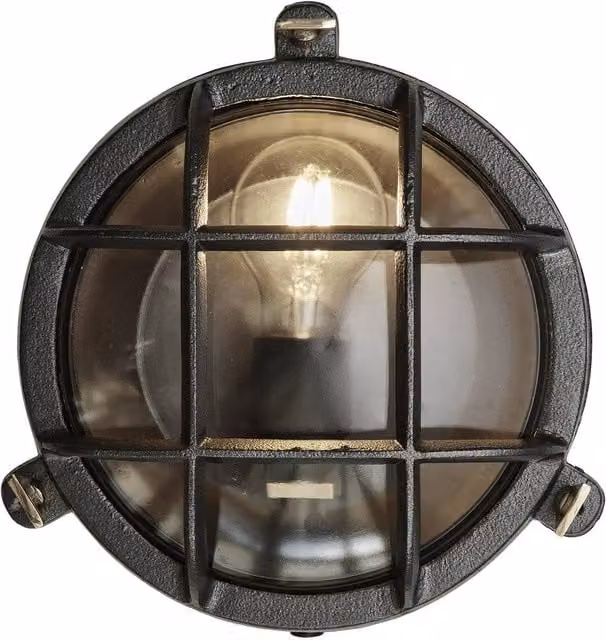 Industville Bulkhead Round Wall Light in Black with Transparent Glass for Outdoor and Bathroom Use, Diameter: 20.32 cm – 1