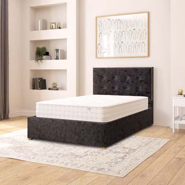 Aspire Presley Black Velvet Fabric Ottoman Storage Bed, Small Double, W/D/H: 120 x 200 cm