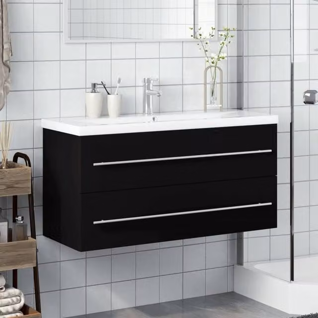 Berkfield Home Elegant Bathroom Sink Cabinet with Built-in Basin in Black Matt, W: 100 cm, D: 38.5 cm, H: 48 cm