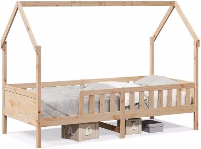 Berkfield Home Kids House Bed Frame in Brown Rustic Solid Pine, W/D/H: 80 x 200 cm