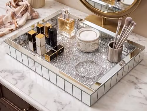 DEENZ Silver Rectangular Mirrored Border Tray with Crushed Crystal Diamante Decor, W/D/H: 37.5 x 27.5 x 5 cm