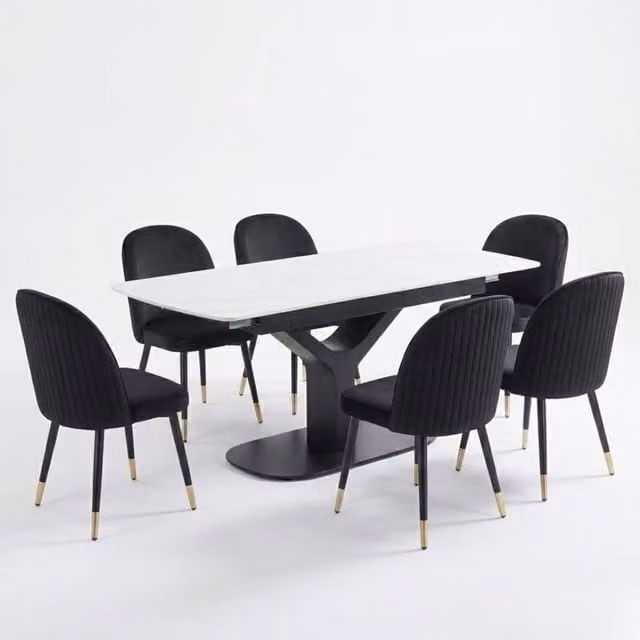 Home Luxe Interior Sapphire Extending White Quartz Dining Table and 6 Black Liza Chairs – 1