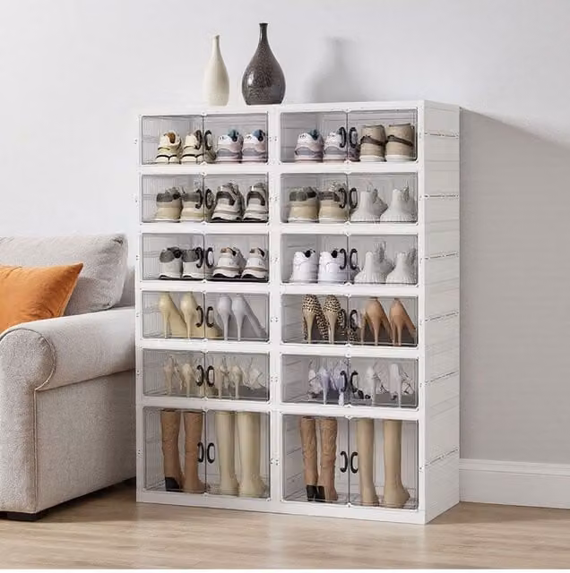 Living and Home 6-Tier Foldable Shoe Storage Box with Magnetic Doors in White – 1