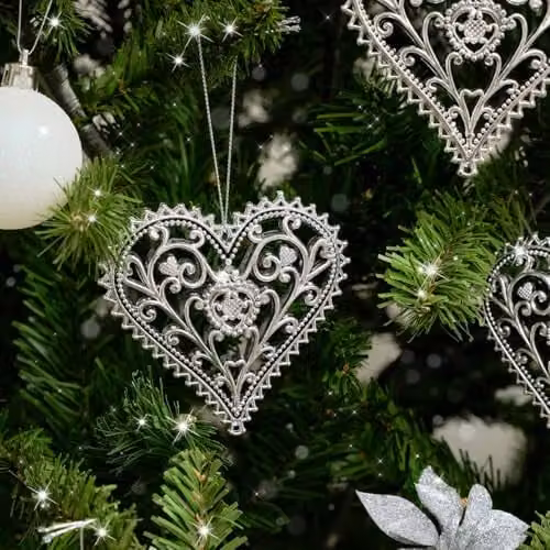 Melody Maison Set of 3 Silver Ornate Heart Christmas Baubles – 4