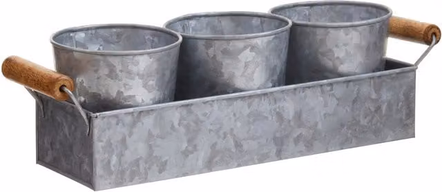 Orsina Drummond Set of 3 Galvanised Steel Flower and Herb Planter Pots with Tray, Silver
